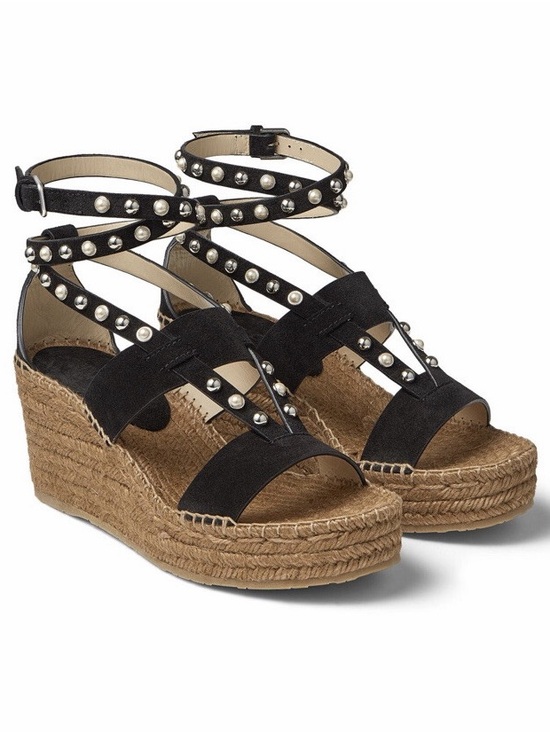 Jimmy Choo Shoes - JIMMY CHOO Danica Black 110 Studded Leather Espadrille Wedge Sandals